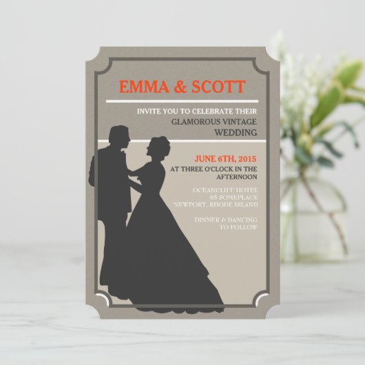 Vintage Hochzeitstanzende Silhouette lädt ein Einladung (Stehend Vorderseite)