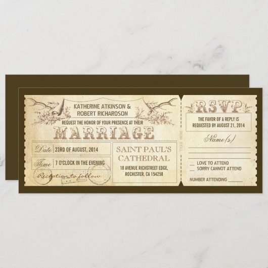 Vintage Hochzeitstickets mit Hirschgeweiher Einladung (Vorne/Hinten)