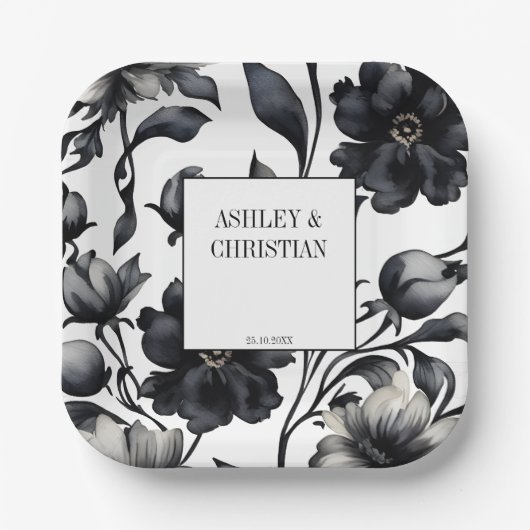 Vintage Hochzeitsvorlage in Schwarzweiß Pappteller (Vorderseite)