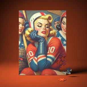 Vintage-Hockey-Mädchen-Illustration Puzzle