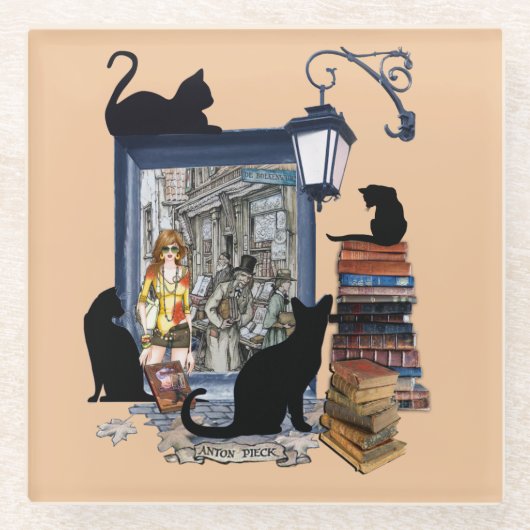 Vintage holländische Künstlerin & Schwarzkatze Glasuntersetzer (Vorderseite)