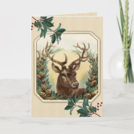 Vintage Holly and Christmas Deer Feiertagskarte