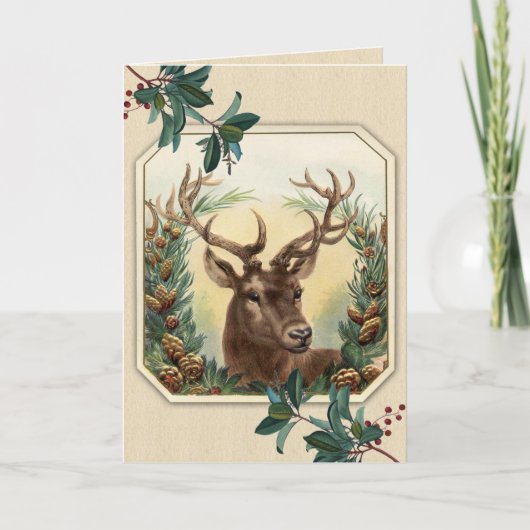Vintage Holly and Christmas Deer Feiertagskarte (Vorderseite)