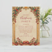 Vintage Holly and Gold Christmas Einladung (Stehend Vorderseite)