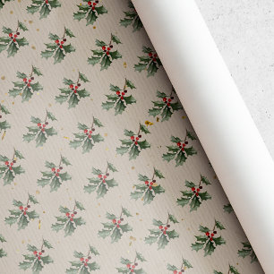 Vintage-Holly-Beeren-Laub-Weihnachtsgeschenk Geschenkpapier