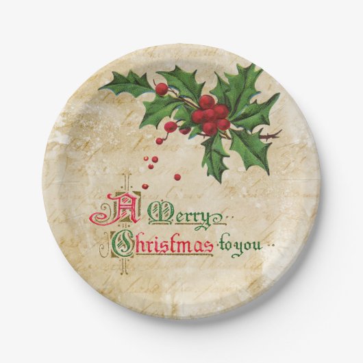 Vintage Holly Berries und frohe Weihnachtsbotschaf Pappteller (Vorderseite)