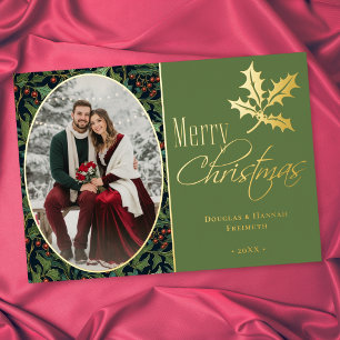 Vintage Holly Berry Grüne Frohe Weihnachten Folien Feiertagskarte