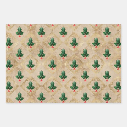 Vintage Holly Damask Pattern  Geschenkpapier Set (Vorderseite)