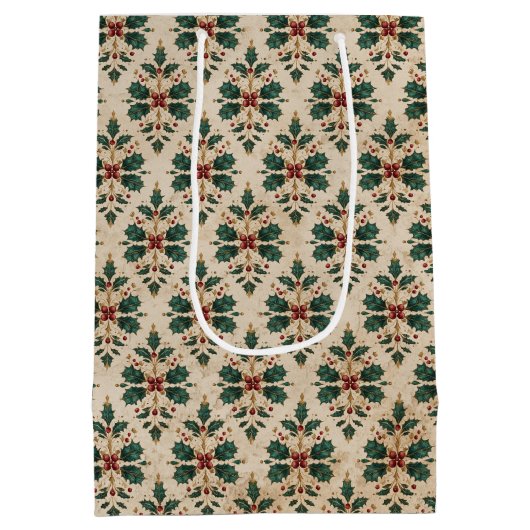 Vintage Holly Damask Pattern  Mittlere Geschenktüte (Rückseite)