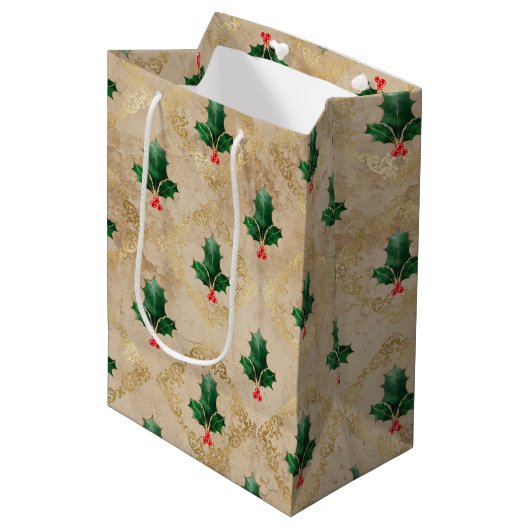 Vintage Holly Damask Pattern  Mittlere Geschenktüte (Vorderseite Schrägansicht)