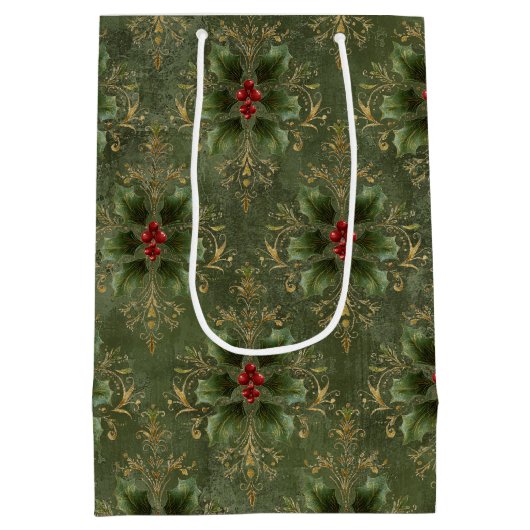 Vintage Holly Damask Pattern  Mittlere Geschenktüte (Rückseite)