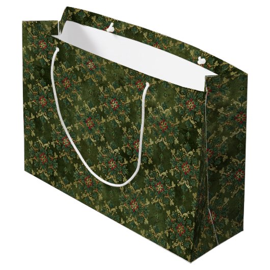 Vintage-Holly-Damaskmuster Große Geschenktüte (Rückseite Schrägansicht)
