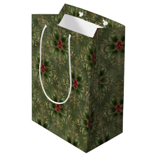 Vintage-Holly-Damaskmuster Mittlere Geschenktüte (Rückseite Schrägansicht)