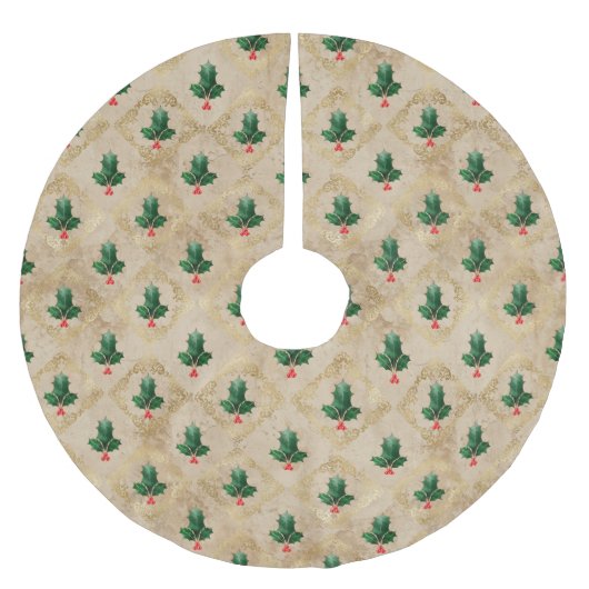 Vintage-Holly-Damaskmuster Polyester Weihnachtsbaumdecke (Vorderseite)