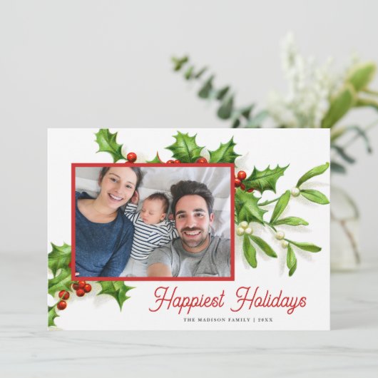 Vintage Holly Mistletoe Foto Holiday Card (Stehend Vorderseite)