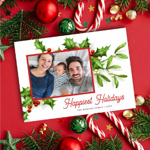 Vintage Holly Mistletoe Foto Holiday Card