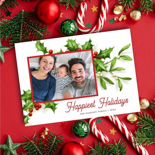 Vintage Holly Mistletoe Foto Holiday Card