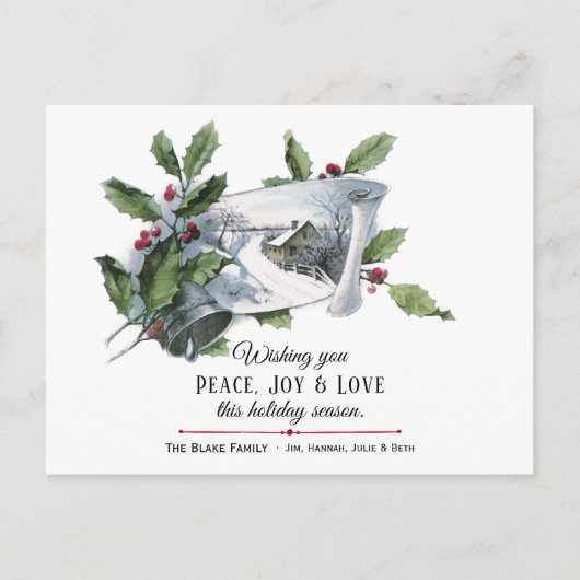 Vintage Holly-, Silver Bell- und Winterlandschaft Postkarte (Vorderseite)