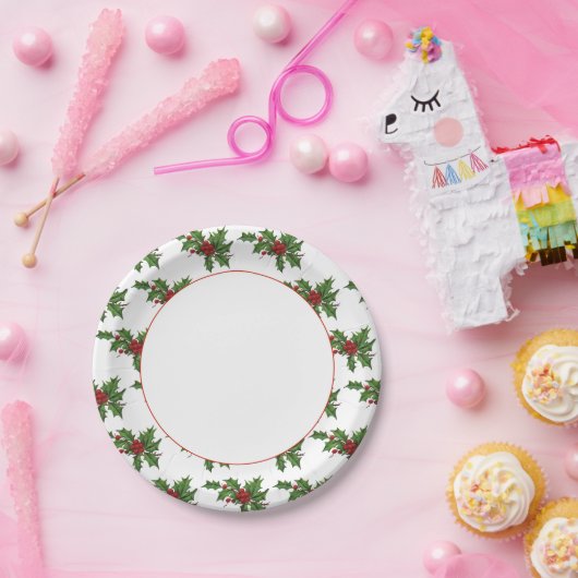 Vintage Holly Stems auf Weißbuchplatte Pappteller (Party)