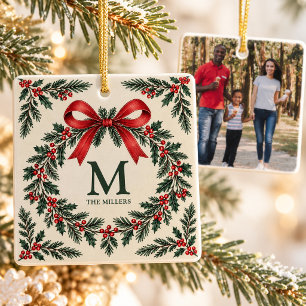 Vintage-Holunder-Kranz-Monogramm-Rotes-Band-Famili Keramikornament