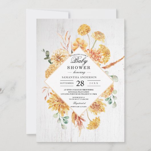 Vintage Holz- und Aquarellgelbe Blumen Rahmen Einladung (Vorderseite)