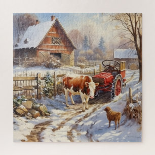 Vintage Holzscheune mit Kuh, Schaf und Traktor Puzzle