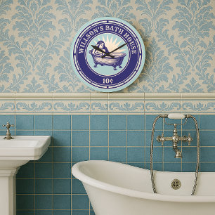 Vintage Holzschnitt Bath House-Beschreibung Große Wanduhr