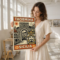 Vintage-Holzschnitt Taormina Sizilien Poster