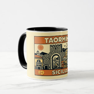Vintage-Holzschnitt Taormina Sizilien Poster Tasse