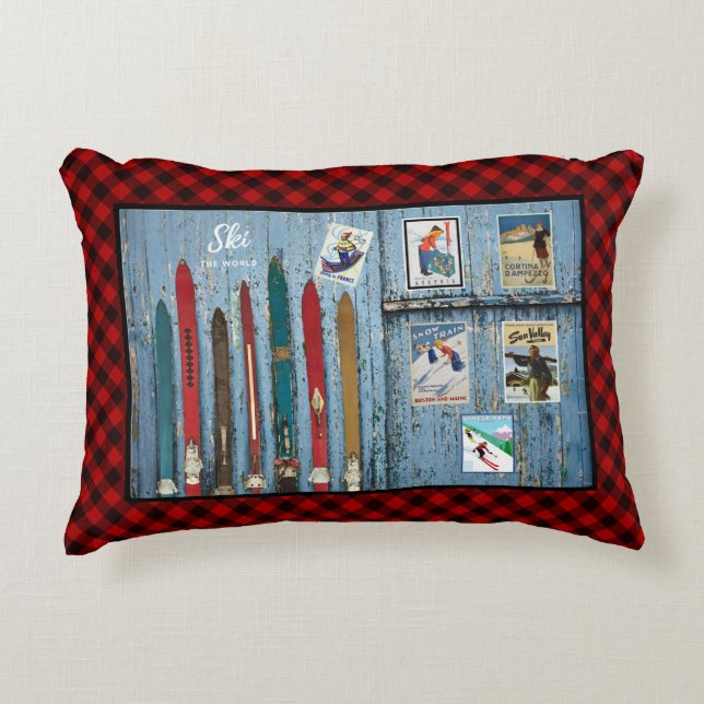 Vintage Holzskier/ Skitaktposter Dekokissen (Vorderseite)