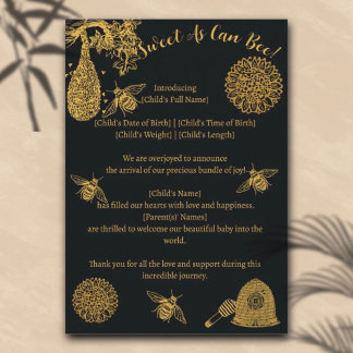 Vintage Honey Bumblebee Black Birth Ankündigung