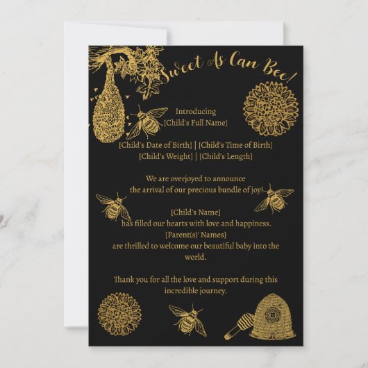 Vintage Honey Bumblebee Black Birth Ankündigung (Vorderseite)