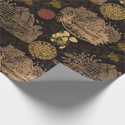 Vintage Honeycomb Bee Black Geschenkpapier (Ecke)
