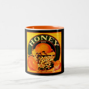 Vintage Honig-Frucht-Orangen-Werbeetikett Zweifarbige Tasse
