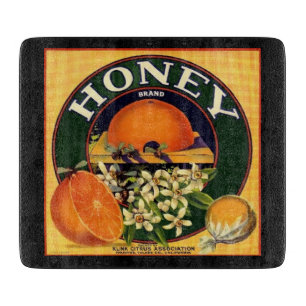 Vintage Honig- und Orangen-Werbeetikett Schneidebrett