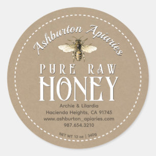 Vintage Honigbiene Classy Kraft Pure Raw Honey Runder Aufkleber