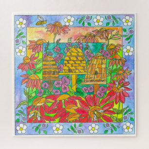 Vintage-Honigbiene Skep-Garten-Kegelblumen Puzzle