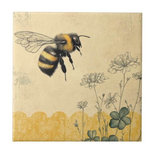 Vintage-Honigbiene-Wildblumengarten (8) Fliese (Vorderseite)