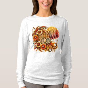 Vintage-Honigwaben- und Sonnenblumen-Langarmshirt T-Shirt