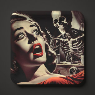 Vintage-Horror-Frau im Pulp-Stil Pappteller
