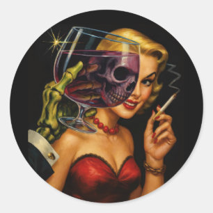 Vintage-Horror-Noir-Aufkleber – Femme Fatale Skele Runder Aufkleber