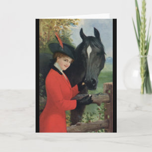 Vintage Horse Girl Red Coat Equestrian Sugar Cube Karte