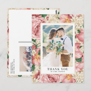 Vintage Hortensien- und Rosen-Hochzeits-Dankeschön Postkarte