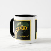 Vintage Hotel-Aufkleber-Kunst Reise-Budapests Tasse (Vorderseite Links)