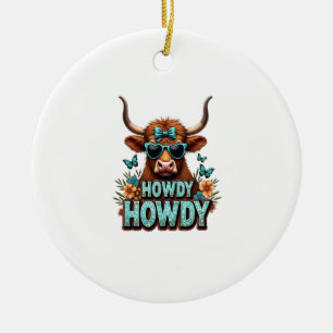 Vintage Howdy Highland-Kuh mit Herz-Sonnenbrille W Keramik Ornament
