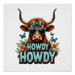 Vintage Howdy Highland-Kuh mit Herz-Sonnenbrille W Poster