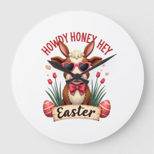 Vintage Howdy Honey Ostern Highland-Kuh Süßer Hase Große Wanduhr