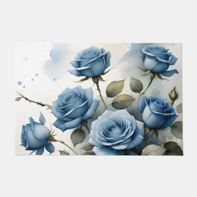 Vintage hübsche Blaue Rose Aquarellmalerei Fußmatte (Vorderseite)