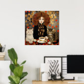 Vintage Hübsche Frau mit Niedlichen Katzen Kaffeek Poster (Heimbüro)