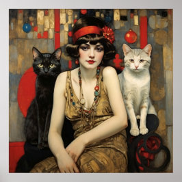 Vintage Hübsche Frau mit schwarzen und weißen Katz Poster